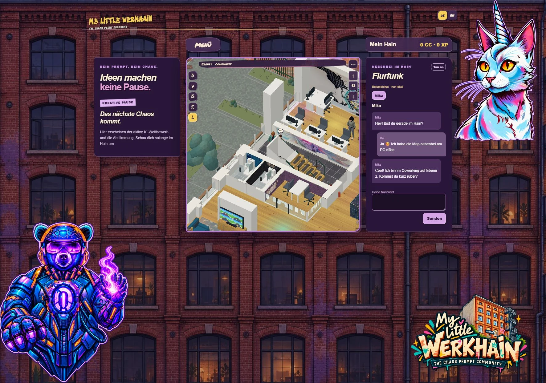Werkhain im PC-Browser: KI-Bereich links, Map in der Mitte und Flurfunk rechts